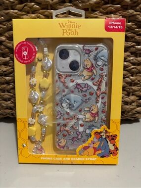 Disney Winnie the Pooh Clear Glitter iPhone Case for iPhone 13/14/15 w/ strap